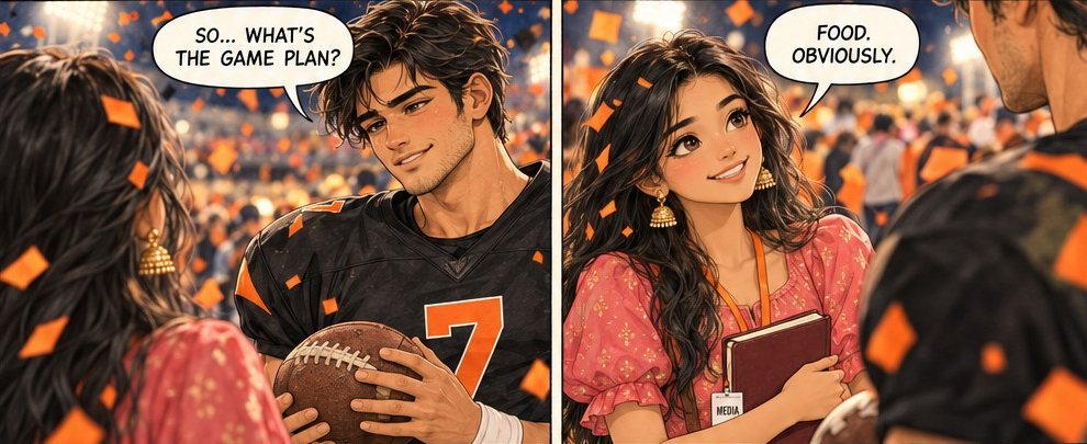 Rohan asks Anjali, So what's the game plan? She answers, Food. Obviously.